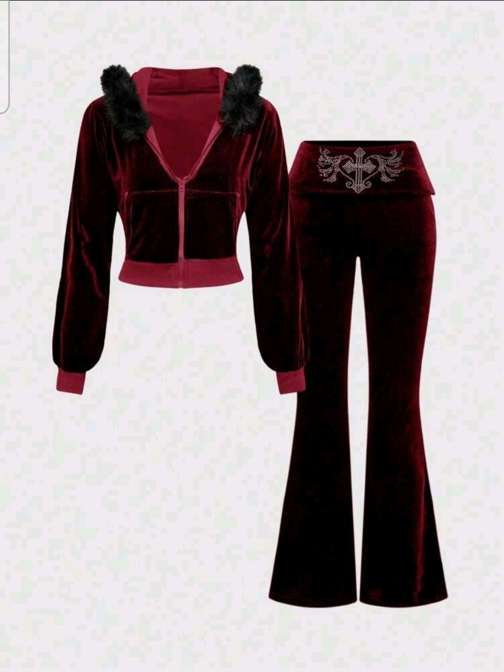 Velvet Maroon Flared Pants & Hooded Jacket Set